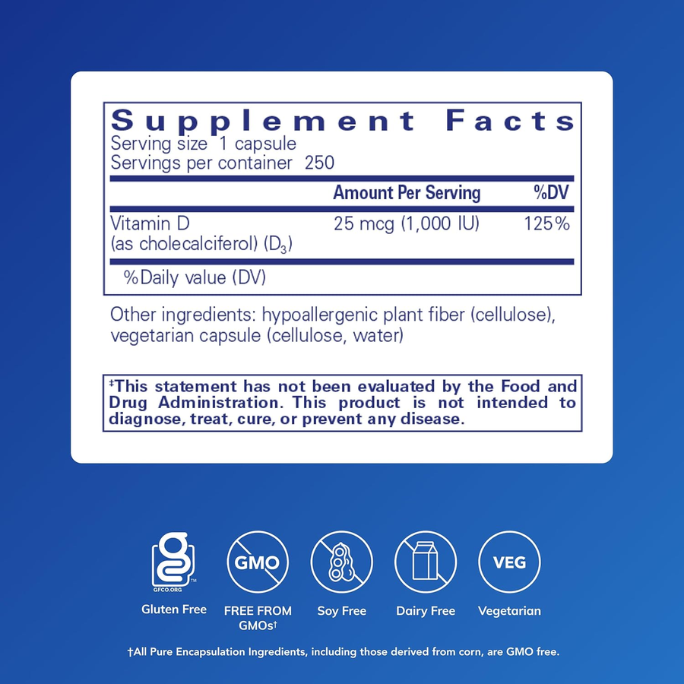 Vitamin D3 - 25 mcg (1,000 IU) - Support Bone, Joint, Breast, Heart, Colon & Immune Health*