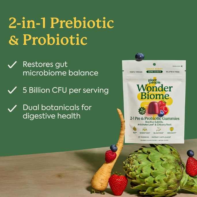 WonderBiome Prebiotic Gummies - 2-in-1 Prebiotic + Probiotic Gummies, Zero-Sugar Digestive Health & Bloating Relief